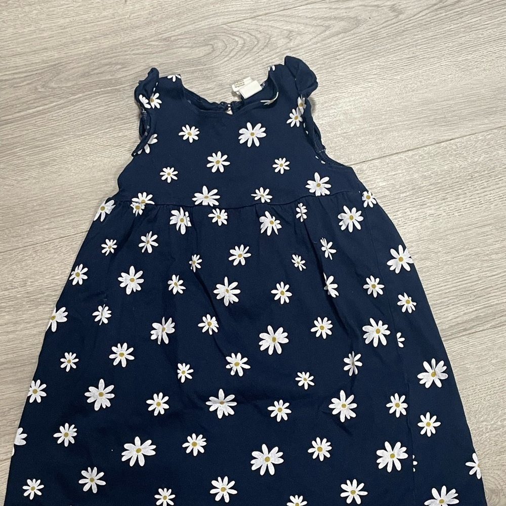 HM Navy Blue White Daisy Floral Ruffle Sleeveless Dress Kids 2T